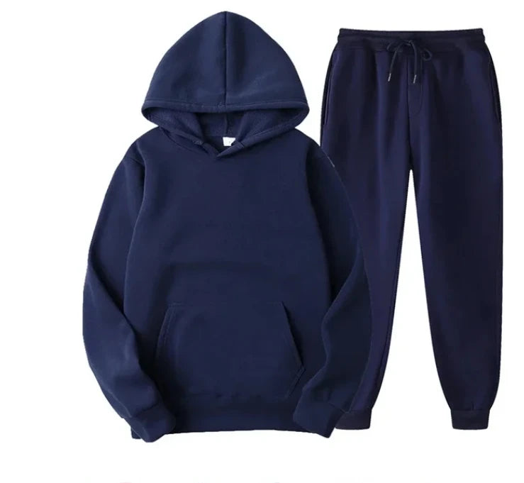 Navy blue hoodie and jogger pants set on a white background