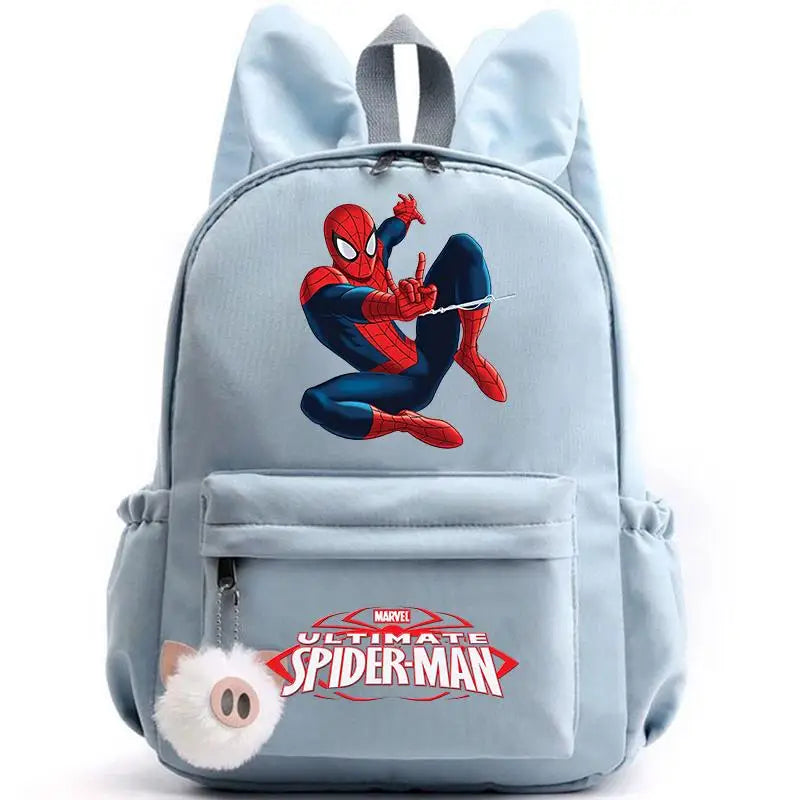 Light blue backpack with Spider-Man design and Marvel logo on a white background