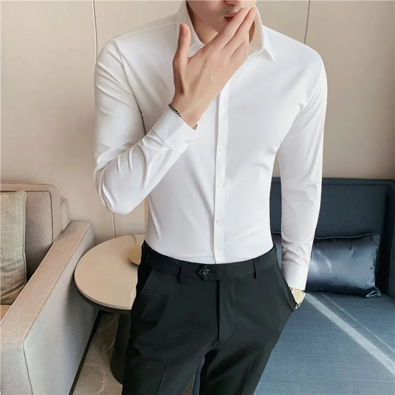 Plus size men’s seamless long sleeve slim fit shirt in high elasticity fabric, available from M to 4XL, suitable for casual and formal occasions.- 5