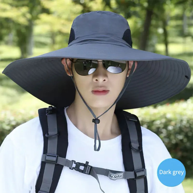 15CM large brim sun hat with mesh for UV protection, ideal for men and women outdoors - dark grey
