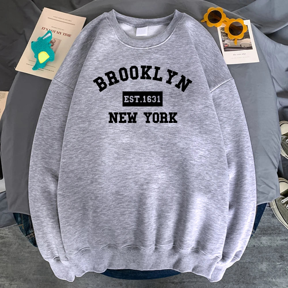 Women's Brooklyn 1631 letter print hoodie in soft fleece, gray pullover - light gray