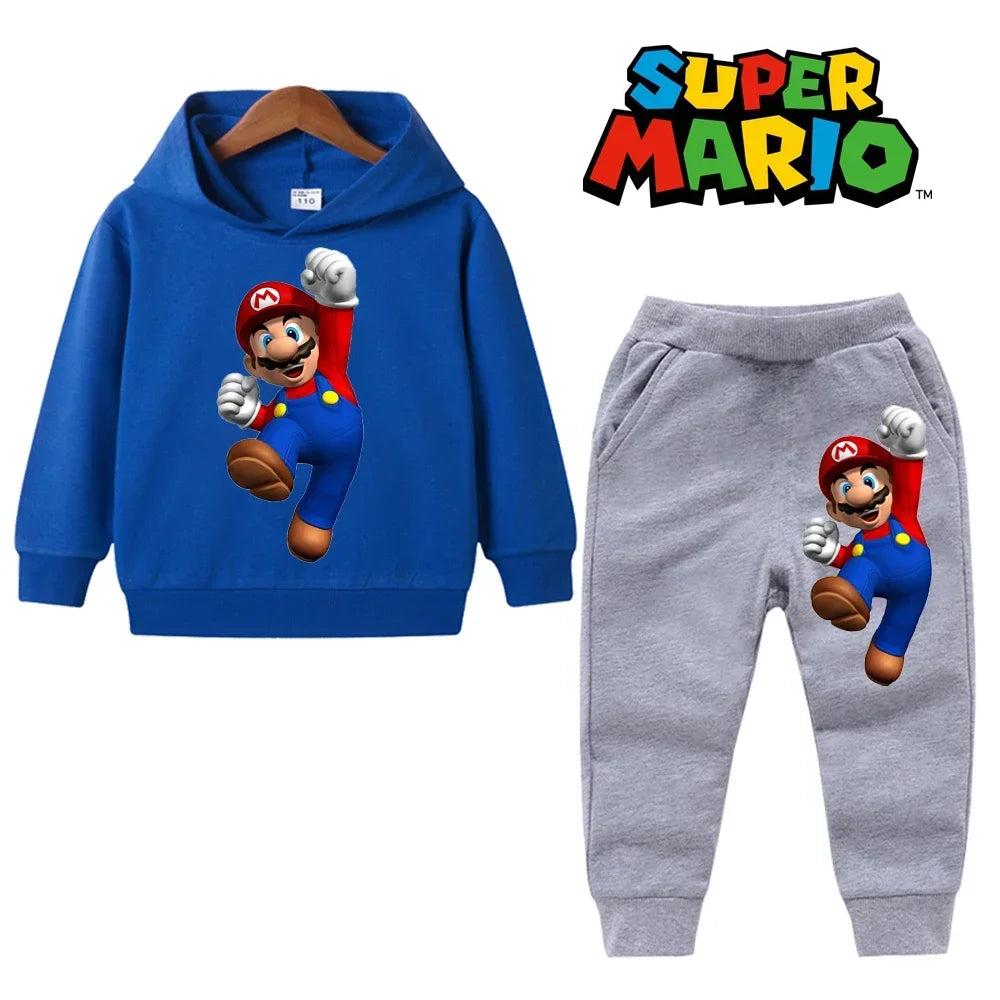 Blue hoodie and gray pants with Super Mario character on a white background