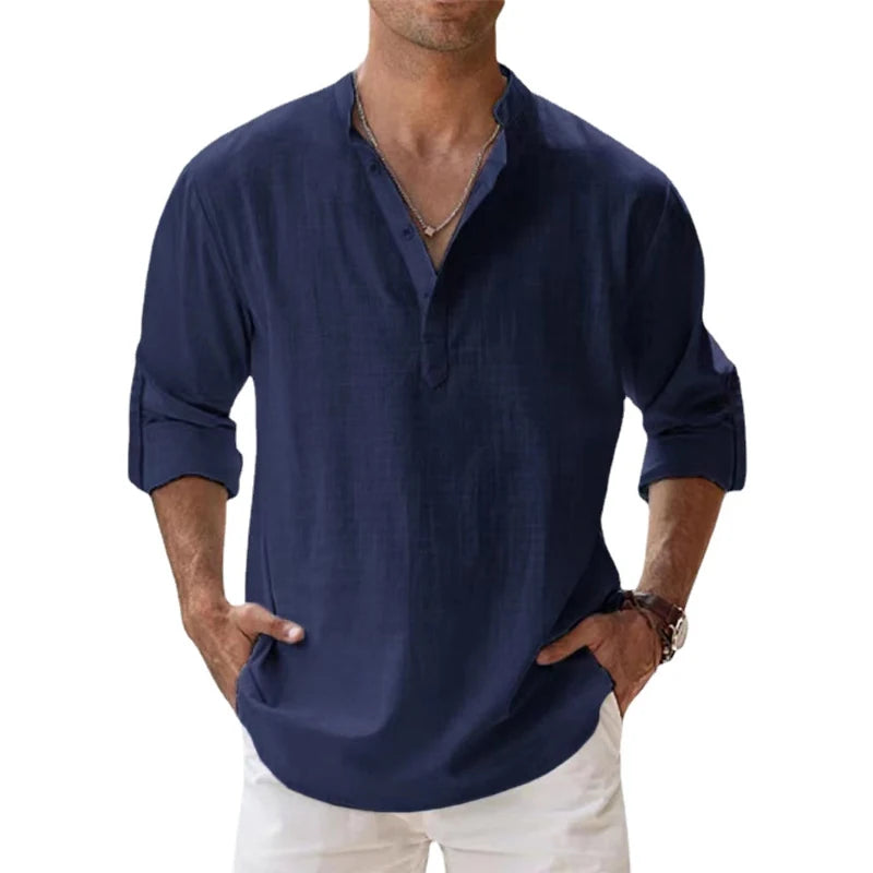 Lightweight men’s long sleeve cotton linen Henley shirt in casual beach style dark blue