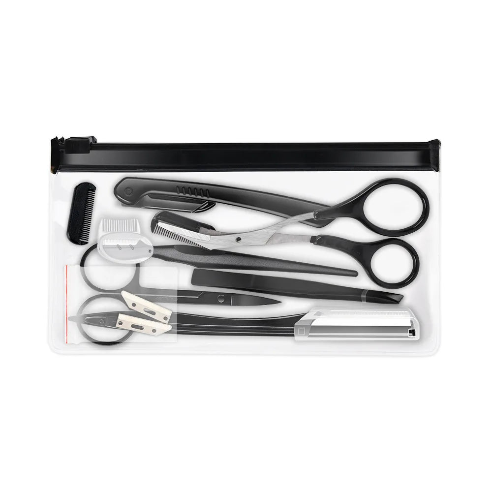 Set of grooming tools including scissors, comb, and other utensils in a clear plastic case on a white background.