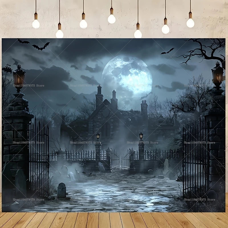 Gothic-style scene with moonlit sky, full moon, bats, and a castle-like structure.