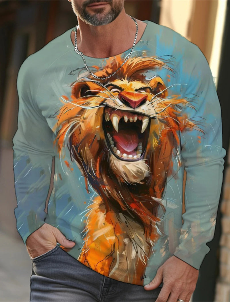 Long-sleeve shirt with a lion graphic design on a blurred background