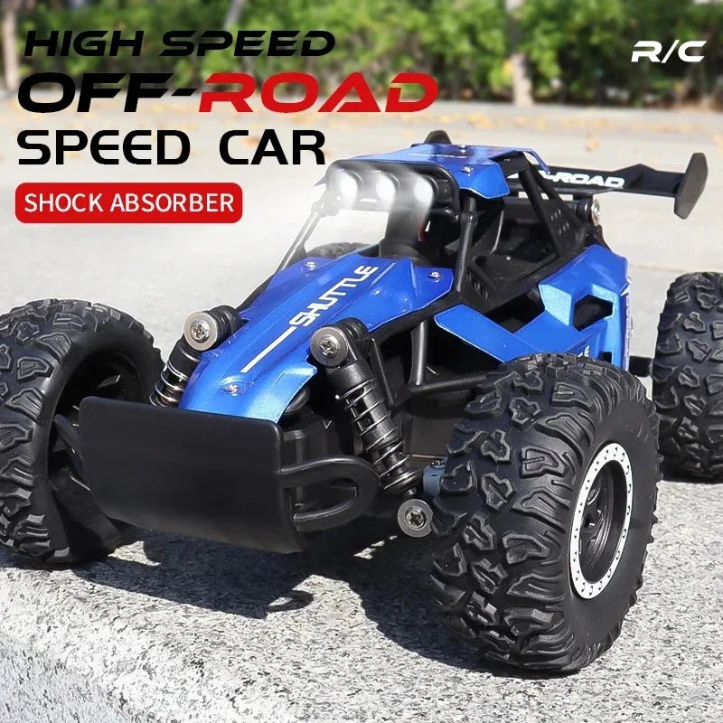 Blue off-road speed car with shock absorber on a road