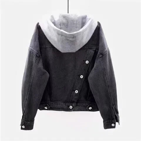 Black denim jacket with gray hood on a white background