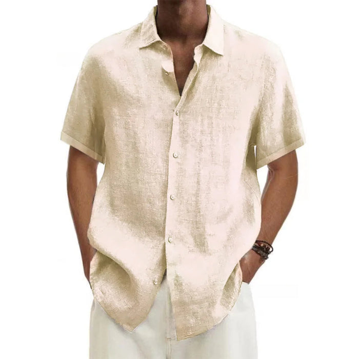 Men’s cotton linen short-sleeve shirt with turn-down collar in solid color, casual beach style, plus size available, lightweight summer top. -001