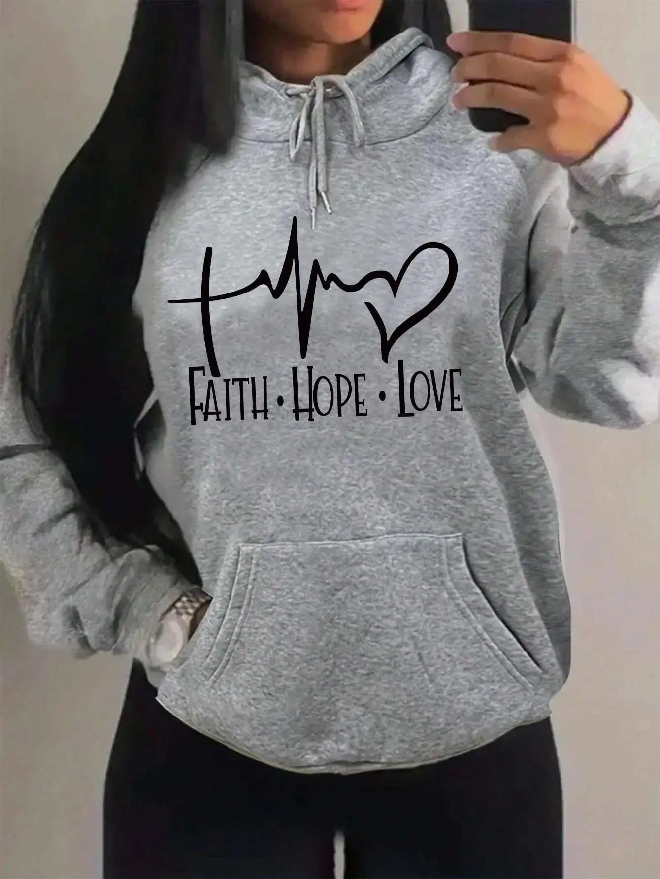 Faith Hope Love Letter Graphic Women’s Hoodie - Street Casual Sweatshirt-grey