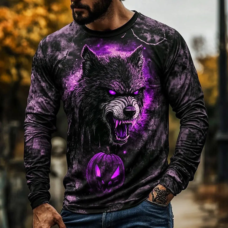 Long-sleeve shirt with a wolf and pumpkin design in purple on a dark background