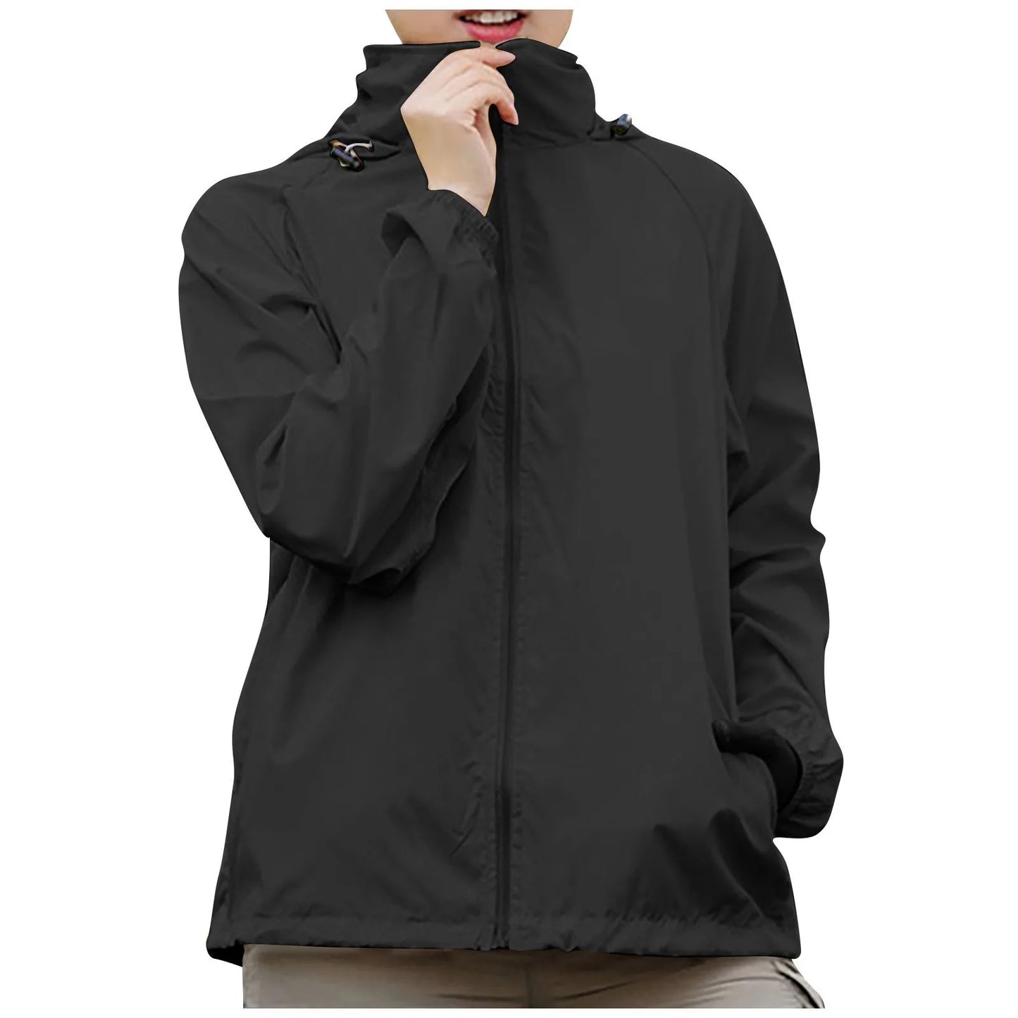 Black jacket worn by a person on a white background