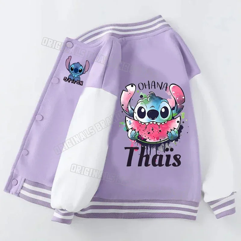 Purple jacket with cartoon character design and text on a white background