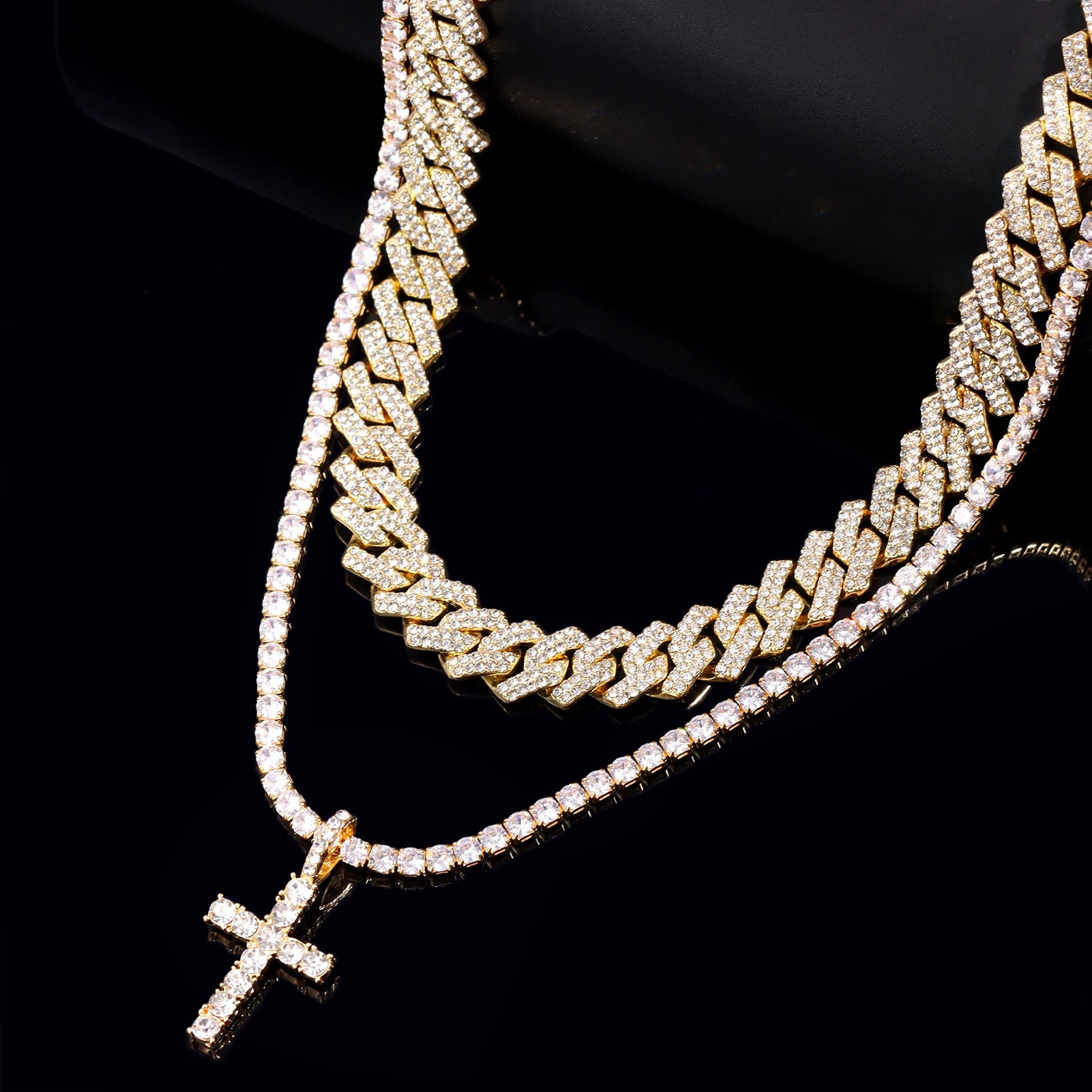 2pcs iced out hip hop Cuban chain and cross tennis necklace for men and women  - gold color 03