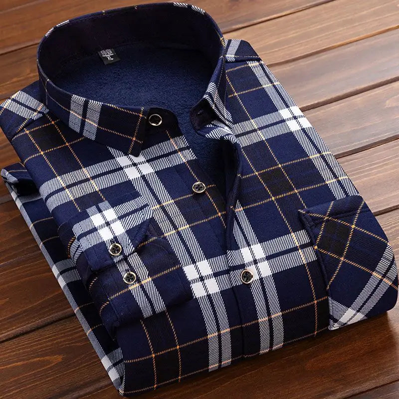 2024 men's thick warm plaid shirt with long sleeves in large 4XL size - blue white