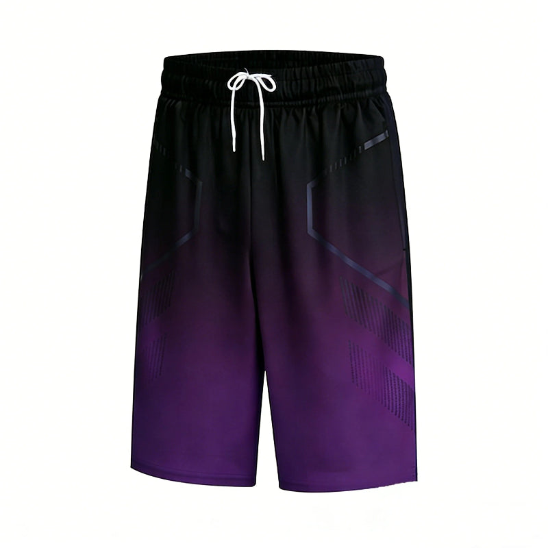 Black and purple shorts with a gradient design on a white background