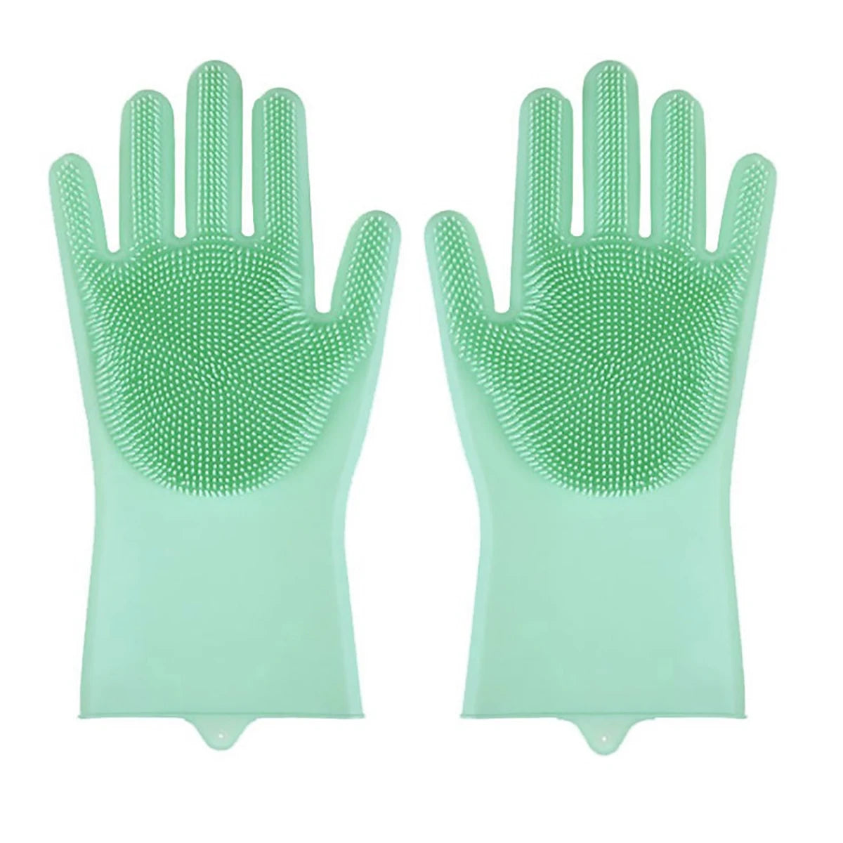 Pair of green silicone gloves with textured surface on a white background