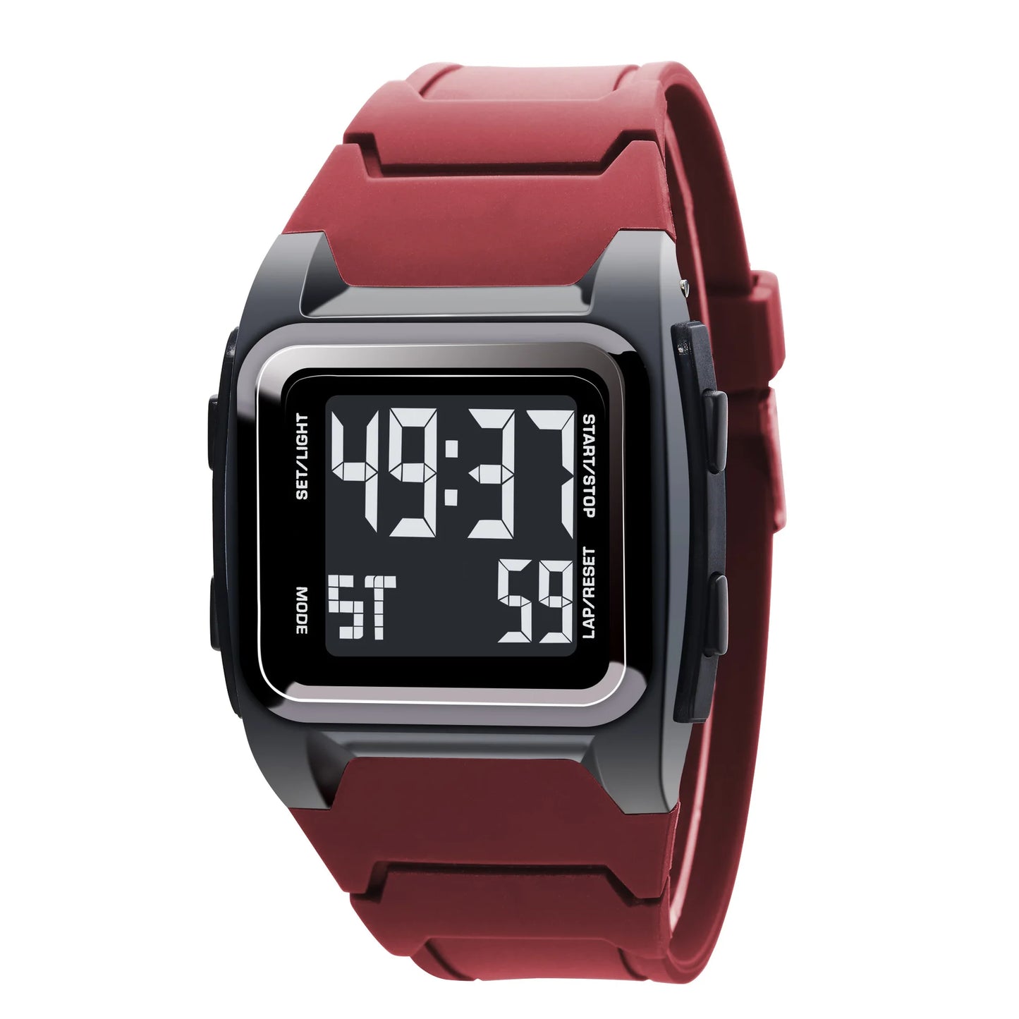 Digital watch with a red strap on a white background