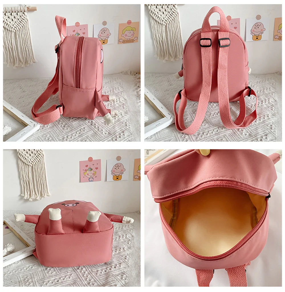 Collage of a pink backpack with different angles on a white surface.