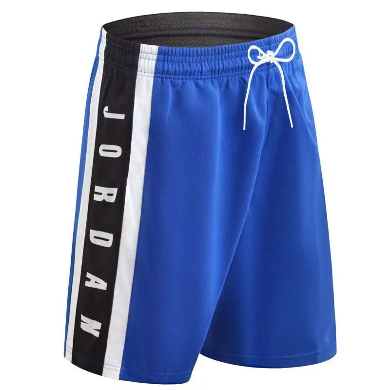 Blue shorts with a black and white 'Jordan' stripe on a white background