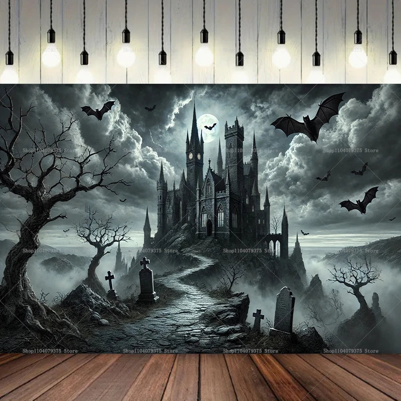 Gothic castle with bats and tombstones in a spooky landscape, illuminated by hanging lights.