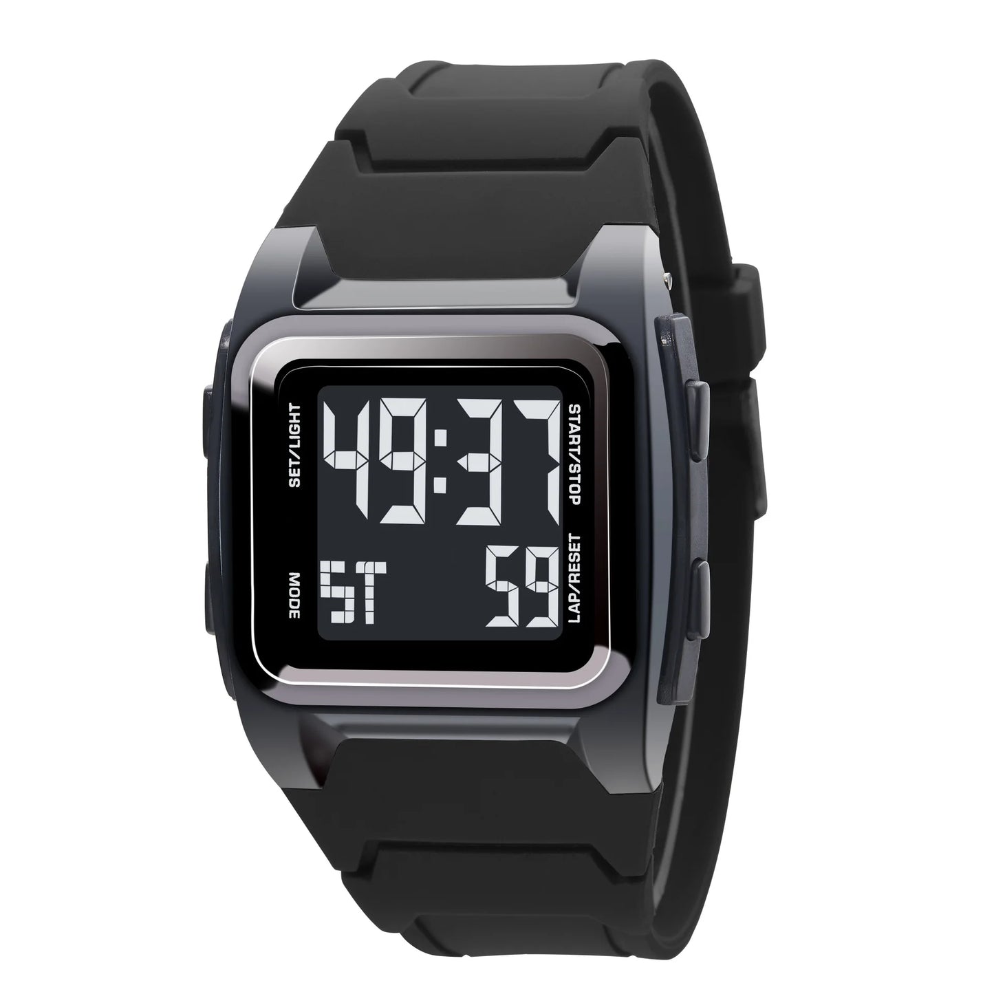 Black digital watch with a white background