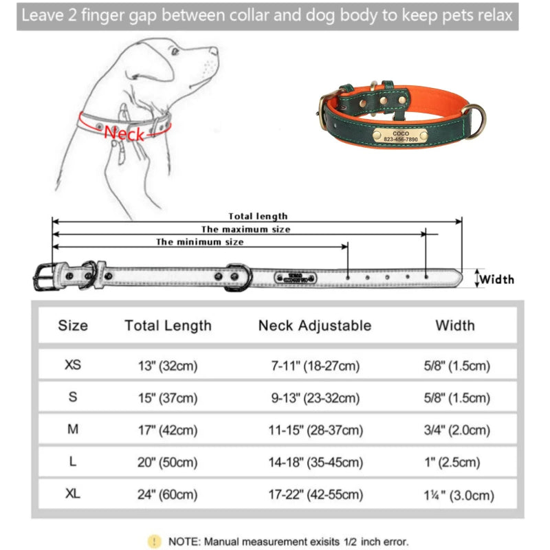Dog collar measurement chart with size guide and dimensions on a white background