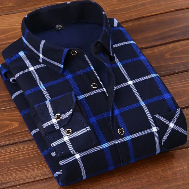 2024 men's thick warm plaid shirt with long sleeves in large 4XL size - black and blue
