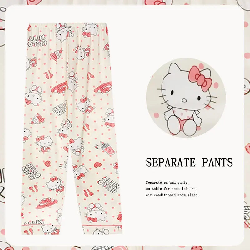 Hello Kitty pajama pants with a circular inset of Hello Kitty's face on a white background.