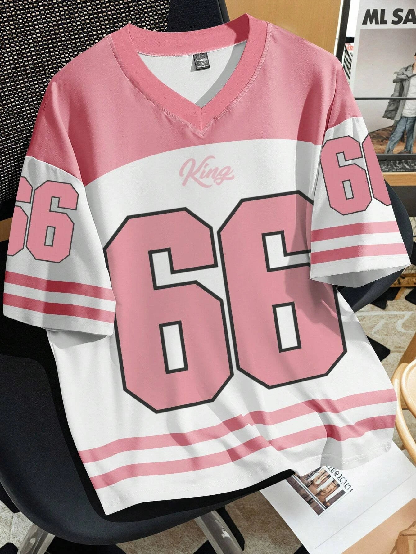 Women Clothing No.66 V-neck Football Jersey -white pink