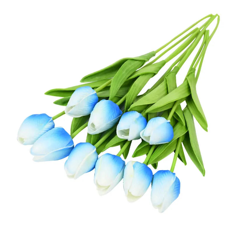 10PCS real touch artificial tulip flower bouquet for wedding, home, or garden decoration-blue and white