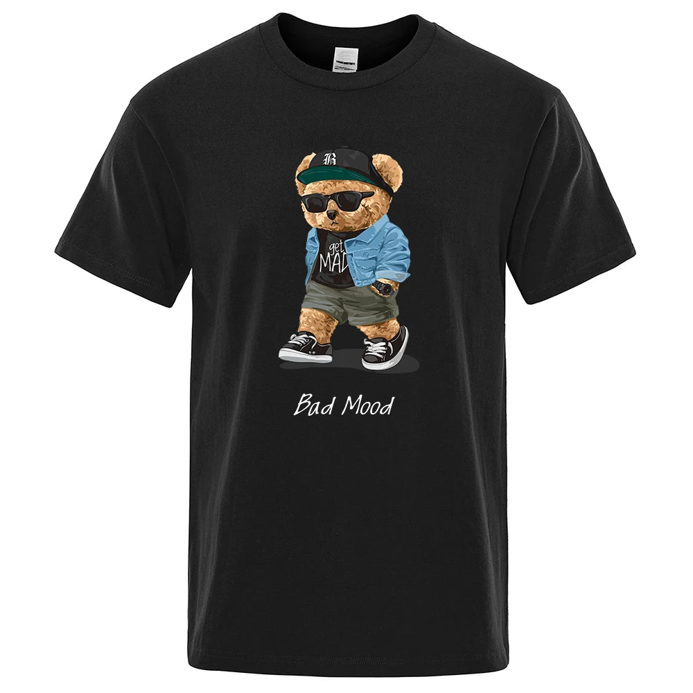 Black t-shirt with a bear graphic wearing sunglasses and a cap, labeled 'Bad Mood', on a white background.