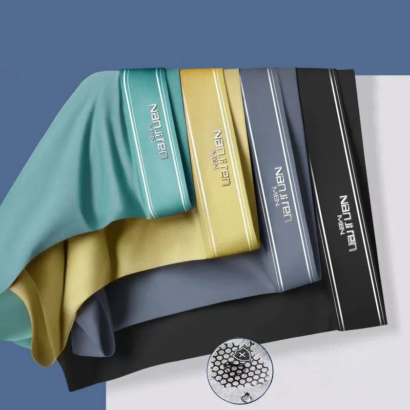 4-pack men’s ice silk boxer shorts in assorted colors with U convex pouch green yellow gray and black