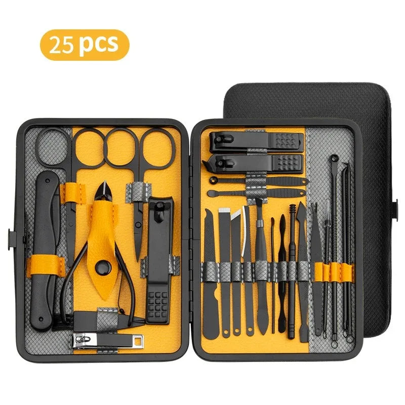 A 25-piece manicure set displayed in an open black case with yellow accents, including various nail clipppers, scissors, and other nail care tools.