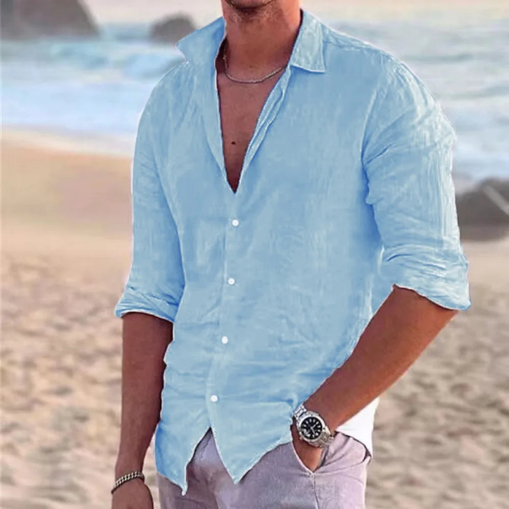 Men’s casual cotton linen polo neck long sleeve shirt in solid color, perfect for beach and holiday wear, lightweight and breathable fabric. -L blue