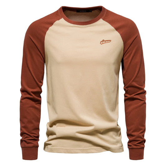AIOPESON men's 100% cotton long sleeve patchwork casual t-shirt - beige and orange
