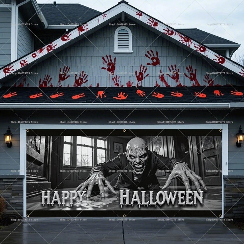 Halloween-themed house exterior with blood handprints and a spooky figure inside.