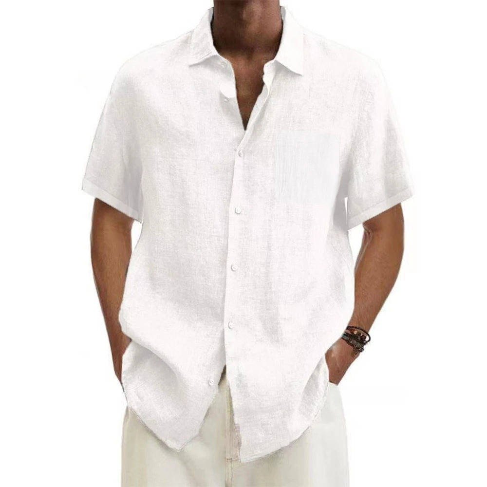 Men’s cotton linen short-sleeve shirt with turn-down collar in solid color, casual beach style, plus size available, lightweight summer top. - white