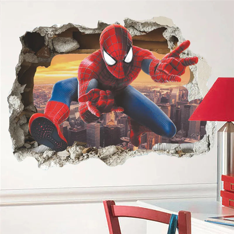 Spider-Man wall decal on a wall with a cityscape background