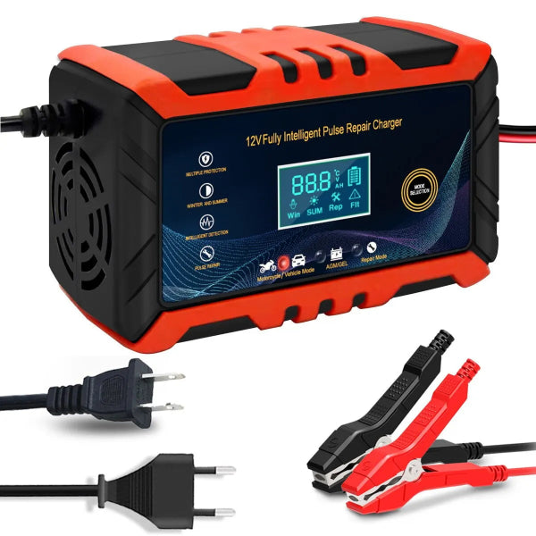 12V intelligent car battery charger with pulse repair and LCD display for car and motorcycle batteries- 1