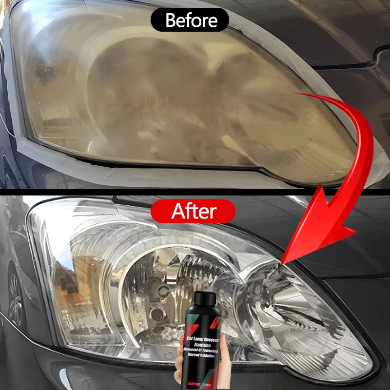Before and after comparison of a car headlight with a cleaning product.