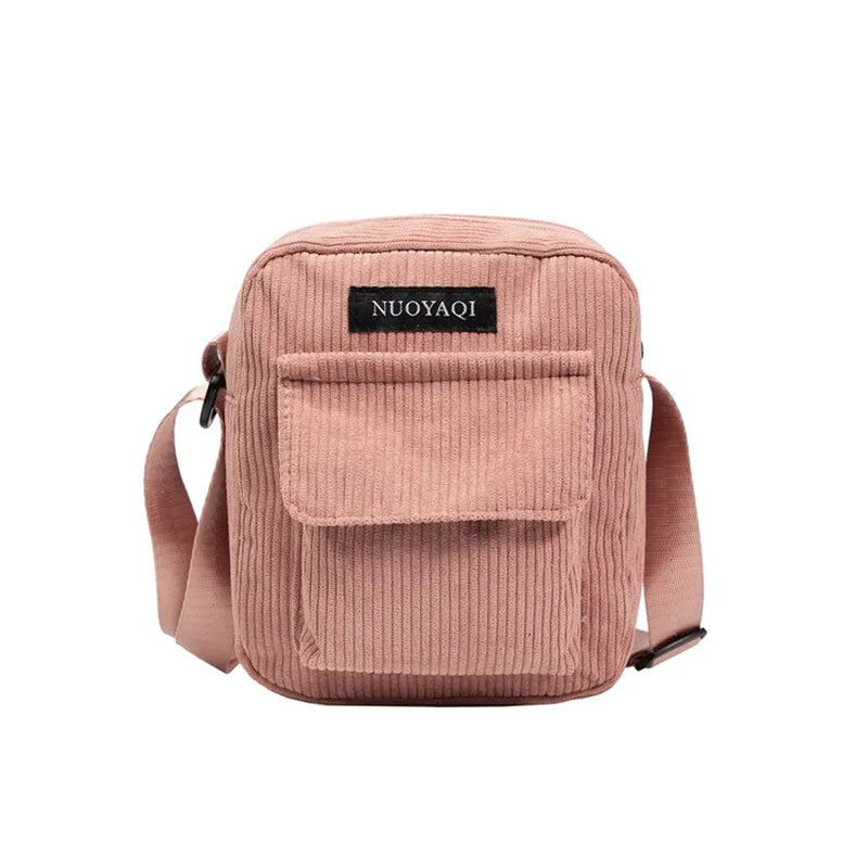 Striped corduroy fabric shoulder bag with zipper and crossbody strap, casual canvas tote for women pink 5