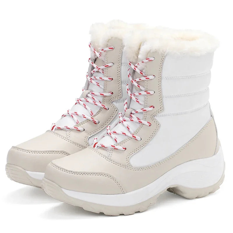 .  Boots for Women Platform Outdoor Snow Boots Non-slip Winter Walking Shoes Fur Warm Ankle Boots Wedge Waterproof Thigh High Boots white and beige