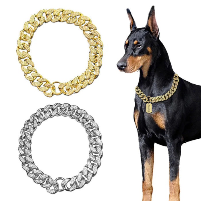 Golden ABS plastic dog collar with diamond inlay sparkle, chain design, suitable for small to large dogs and cats, stylish pet accessory. - 01