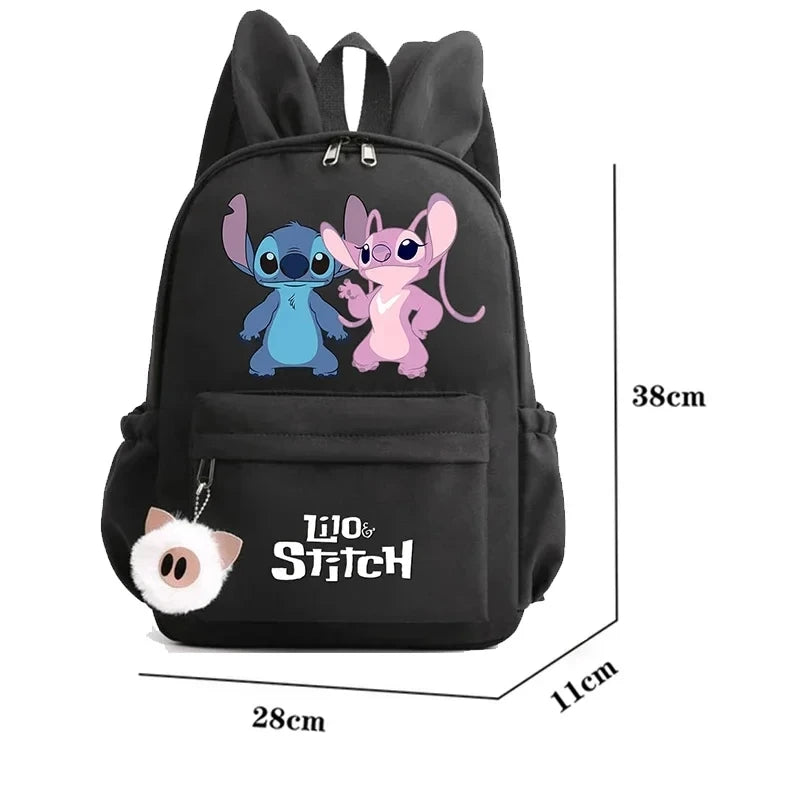 Black backpack with Lilo and Stitch design and measurements on a white background