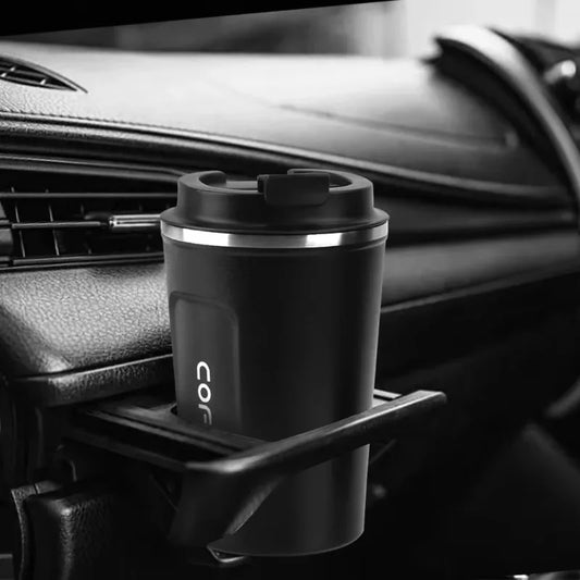 Black travel mug with a car cup holder