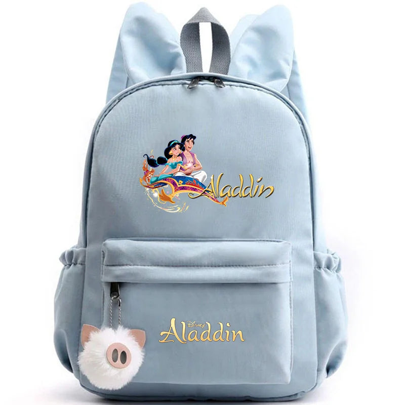 Light blue backpack with Aladdin and Jasmine design on a white background