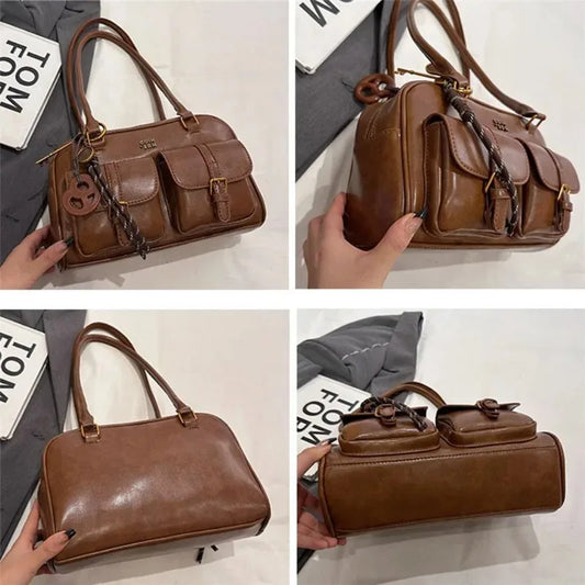 Brown leather handbag being held and displayed from different angles on a white background.