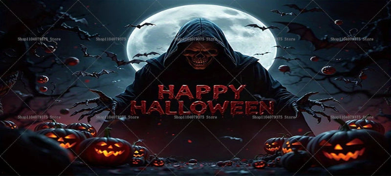 Halloween-themed image with a hooded figure, pumpkins, and bats against a dark sky with a full moon.