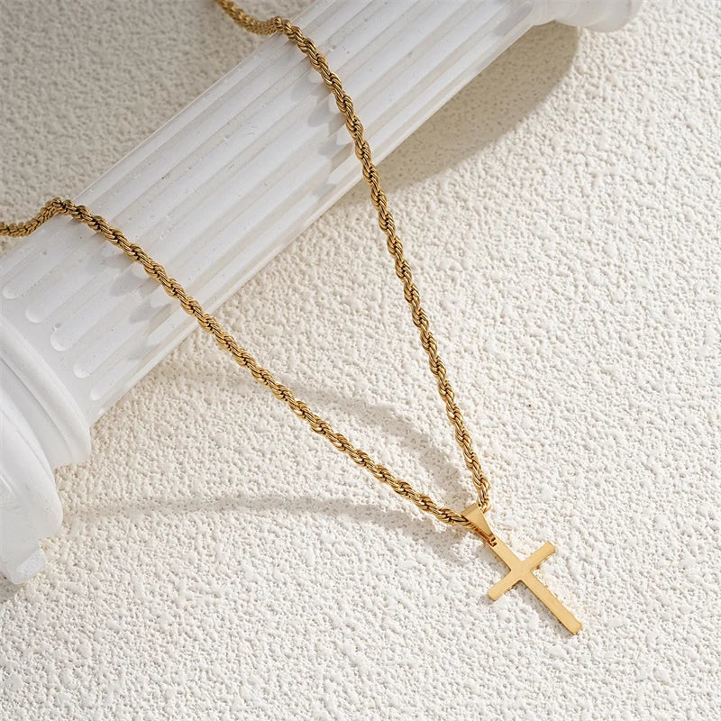 Unisex's cross pendant necklace with gold plated silver color simple twisted chain, fashionable jewelry for beach or party gift gold 02